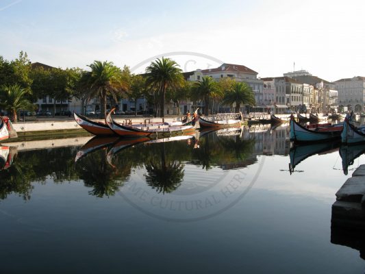 Moliceiro boats in Ria de Aveiro lagoon urban canals